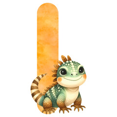 Cute iguana and the Letter I, illustration for learning the alphabet for children.