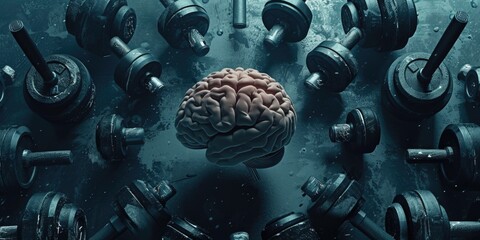 A photo capturing a cluster of dumbs surrounding a brain, representing contrasting intellects.