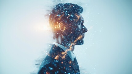 Double exposure of businessman with a digital hologram. Digital technology concept.