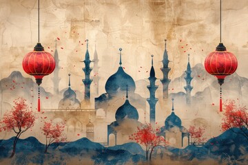 design watercolour painting of ramadan decoration and islamic greeting card background