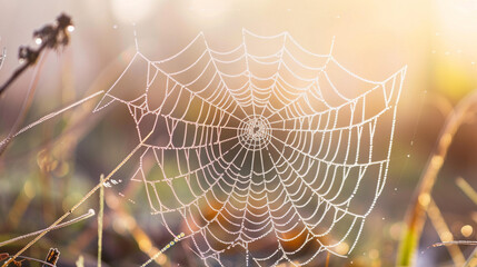 A spider web covered in morning dew, each droplet reflecting the new day's light, symbolizing interconnectedness