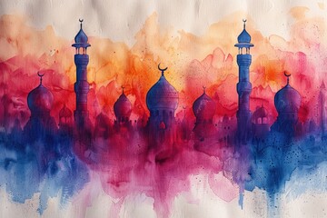 design watercolour painting of ramadan decoration and islamic greeting card background - obrazy, fototapety, plakaty