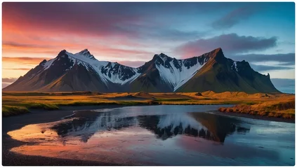 Fototapeten Vestrahorn mountaine on Stokksnes cape in Iceland during sunset. Amazing Iceland nature seascape. popular tourist attraction. Best famouse travel locations. Scenic Image of Iceland © Rabiyah
