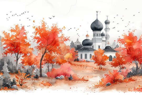 design watercolour painting of ramadan decoration and islamic greeting card background