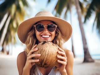 Portrait of young smiling woman in sunglasses and hat holding coconut sitting on exotic beach with palm trees in background, close up view.Theme of exotic and expensive luxury vacation 
