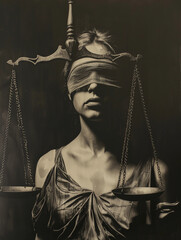 Portrait of woman blindfolded and holding scale impersonating Lady Justice 