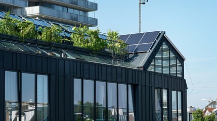 Obraz premium An urban greenhouse on top of a black residential architectural building, the greenhouse has a solarpanel roof