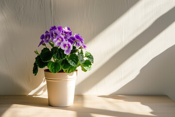 African Violet Saintpaulia Ionantha in white flower pot on a wooden surface, illuminated by sunlight casting a shadow on a white wall behind it. Selective focus, blur