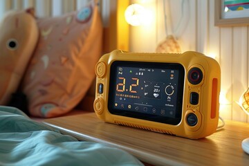 a digital alarm clock on a wooden table bedroom professional photography