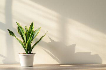 Snake Plant Dracaena trifasciata in white flower pot on a wooden surface, illuminated by sunlight casting a shadow on a white wall behind it. Selective focus, blur