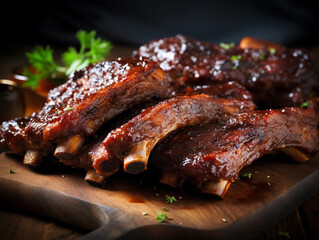 Roasted or grilled Texas style BBQ ribs on a wooden tray, close up view 