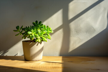 Jade Plant Crassula Ovata in sand flower pot on a wooden surface, illuminated by sunlight casting a shadow on a white wall behind it. Selective focus, blur