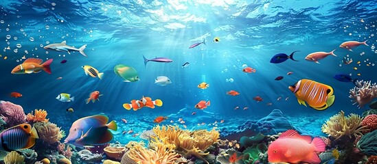 A Mesmerizing Underwater Scene with Vibrant Coral Reefs and Exotic Fishes, Unveiling the Beauty of the Subaquatic World. Made with Generative AI Technology