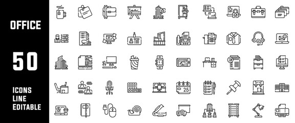 Set of 50 Office and Workplace web icons in line style. Employee, conference, project, document, business, work, support, contact us, productivity strategy, collection. Vector illustration.