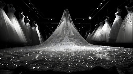 wedding dress on display. The dress has a long veil and is covered in glitter. The dress is surrounded by other wedding dresses hanging up. - obrazy, fototapety, plakaty