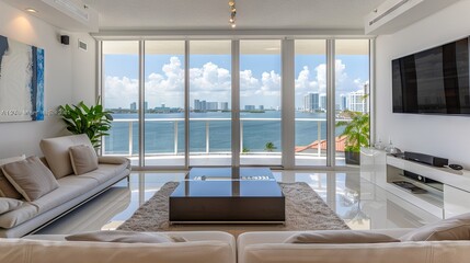 a photo in a Miami apartment from a living room you can si a balcony outside and a view of the sea 