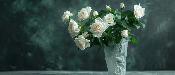 Vase Filled With White Roses on Table - obrazy, fototapety, plakaty
