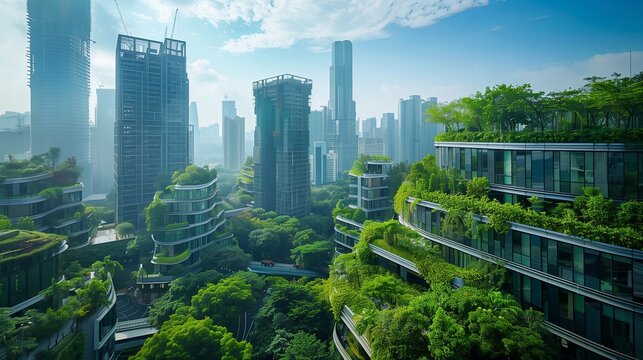 Modern urban environment coexisting with nature, green buildings, sustainable cityscapes, SCV Consulting balancing development and environmental preservation