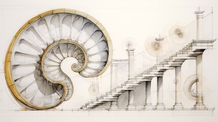 Abstract drawing depicts ancient Fibonacci architect design. Technical sketch unveils old architecture.