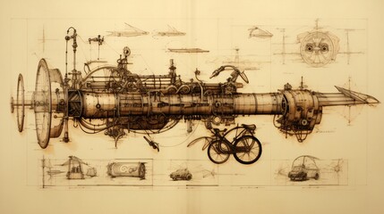 Abstract drawing exhibits ancient machine. Technical sketch reveals old mechanism.