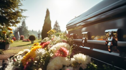 Flowers on a coffin in a cemetery at a funeral. Commemoration, death, memories. 