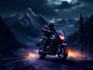 Motorcycle on the road in the mountains at night 