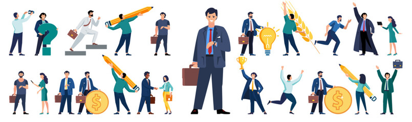 Set of business people in the process of work. Diverse men and women solving business problems, doing work assignments, explaining presentation, clerks doing office tasks. Flat vector illustration