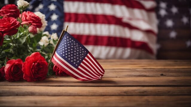 American flag with colorful flowers on a wooden table in the background, Memorial Day of USA