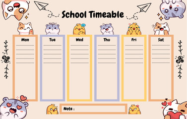 School timetable template with cartoon hamster and chicken. Back to school schedule with pink light background. Weekly schedule.