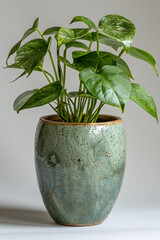Houseplant in flowerpot decorates table with green leaves