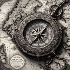 Fototapeta na wymiar An exquisitely detailed compass lies atop a map filled with geographical contours and aged to perfection, symbolizing exploration and discovery. The artwork captures the essence of travel and the