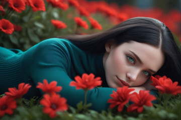 Naklejka premium A beautiful young woman lying in a majestic red flowerbed