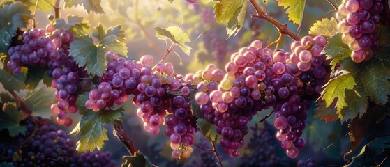 Cluster of Grapes Hanging From Vine - obrazy, fototapety, plakaty