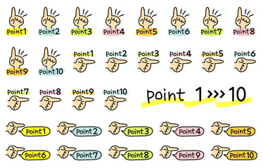 手書きのかわいい指差しアイコン　ポイント　チェック　カラフル