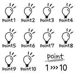 Cute light bulb point icon with handwritten line drawing (1 to 10)