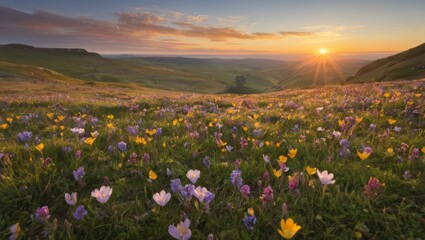 Obraz premium Blooming wild flowers under a tranquil golden sun light in the spring evening