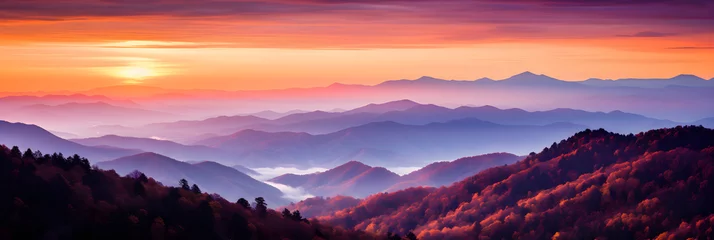 Papier Peint photo Orange Spectacular Sunset over Mountain Range: A Mesmerizing Spectacle of Nature's Majesty