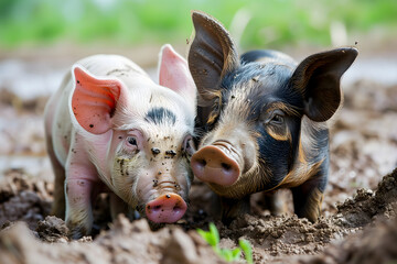 Two young pigs laying in a dirt. Neural network generated image. Not based on any actual scene or pattern.
