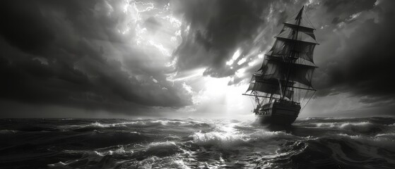 Ship Sailing in Open Ocean Under Cloudy Sky