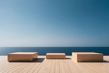 Abstract minimalist podium stage with square pedestals for product presentation against blue sky background and seas