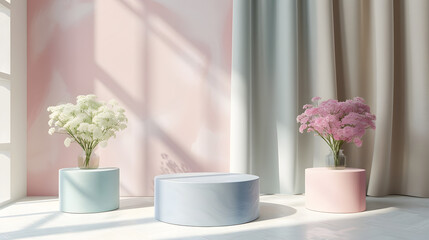 pastel-colored scene with pedestals arranged in a semi-circle.