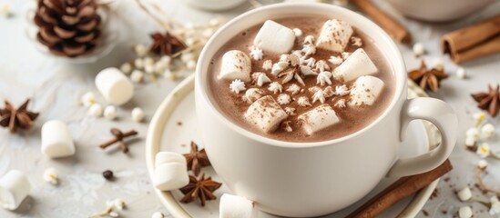 A cup filled with hot chocolate is topped with fluffy white marshmallows, creating a warm and comforting beverage. The steam rises from the cup, inviting the viewer to indulge in this winter treat.