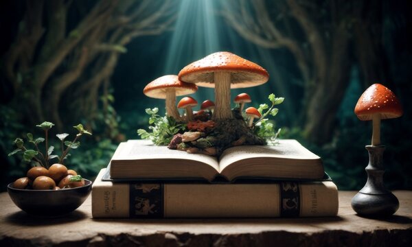 Sunlight filters through the canopy to highlight an open book and mushrooms, creating a serene storytelling atmosphere. The setting suggests a connection between the natural world and the stories we