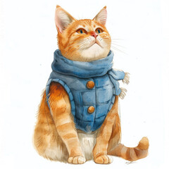 Watercolor drawing Cute happy cat in blue vest isolated on white background
