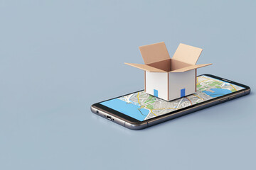 Online shopping 3D, Smartphones with parcel boxes, Mobile phone and box delivery status