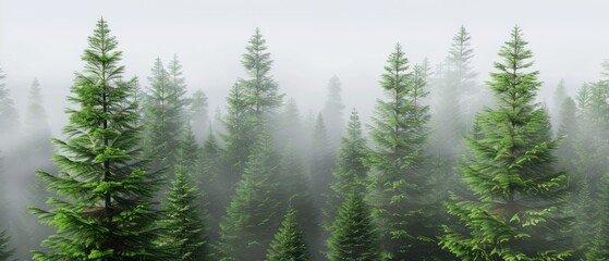 Dense Fog Blanketing Lush Forest of Tall Trees