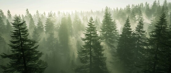 Dense Fog Blanketing a Forest of Tall Trees