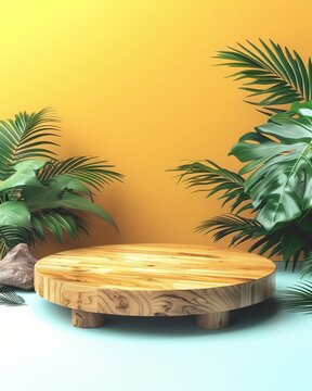 empty Podium mockup display for product presentation decorated with cute tropical leaves