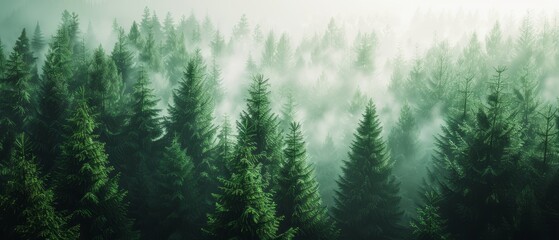 Misty Forest With Dense Tree Cover - obrazy, fototapety, plakaty