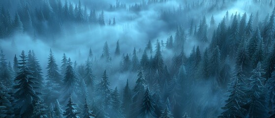 Misty Forest With Dense Trees - obrazy, fototapety, plakaty